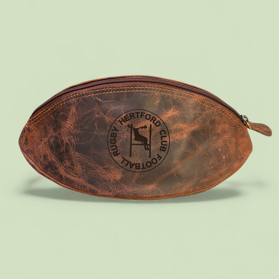Personalised Leather Rugby Ball Wash Bag