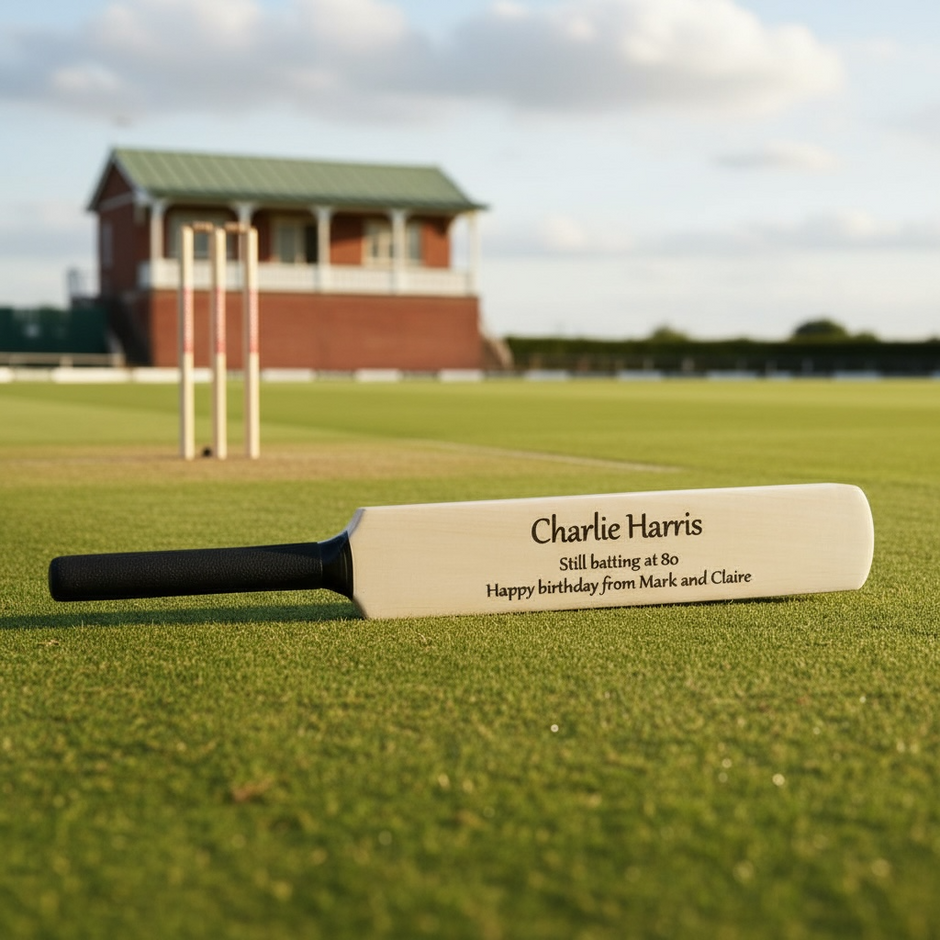 Personalised Wooden Mini Cricket Bat – Custom Engraved Gift with Free Display Stand