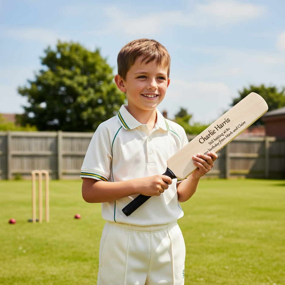 Personalised Wooden Mini Cricket Bat – Custom Engraved Gift with Free Display Stand