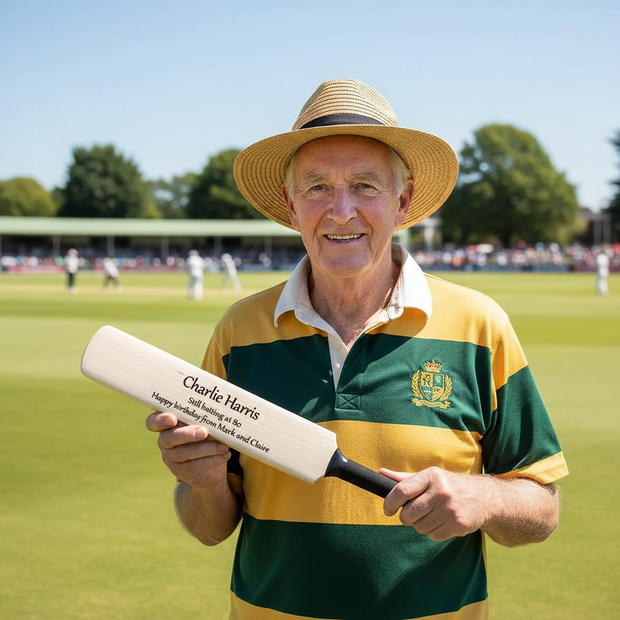 Personalised Wooden Mini Cricket Bat – Custom Engraved Gift with Free Display Stand