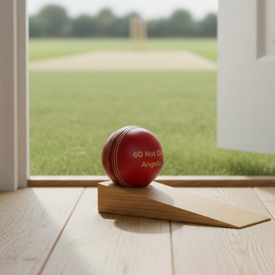 Personalised Cricket Ball Doorstop – Handmade in Oak