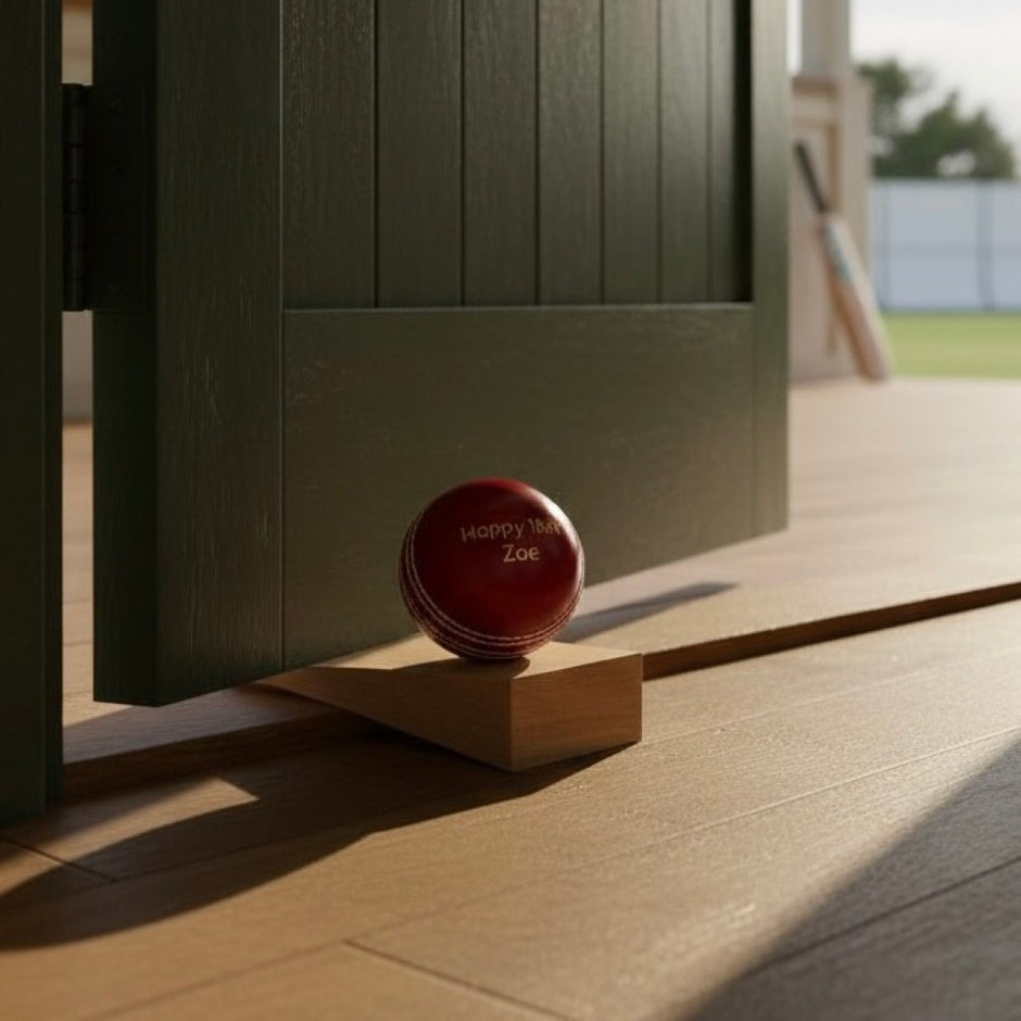 Personalised Cricket Ball Doorstop – Handmade in Oak