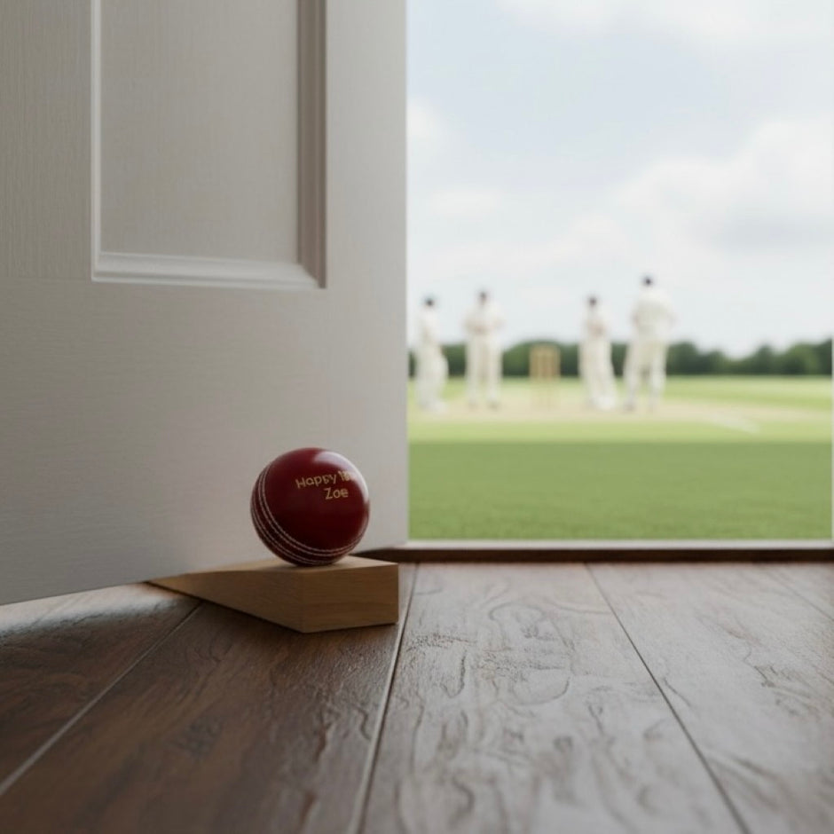 Personalised Cricket Ball Doorstop – Handmade in Oak