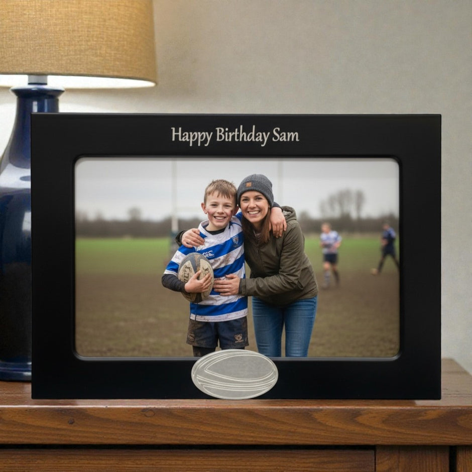 Personalised Rugby Photo Frame With Rugby Ball Motif