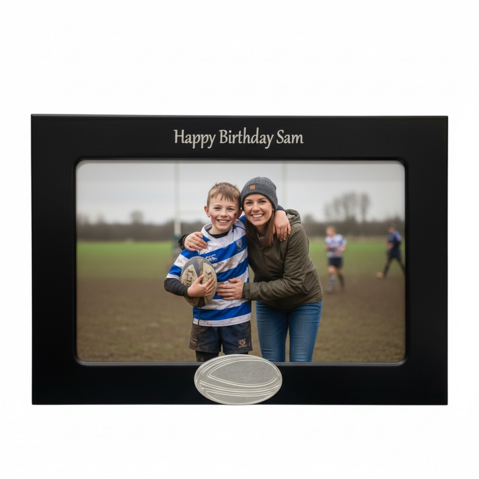 Personalised Rugby Photo Frame With Rugby Ball Motif