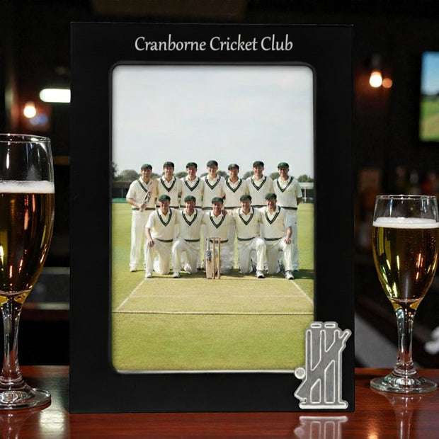 Personalised Cricket Photo Frame With Bat & Stumps Motif