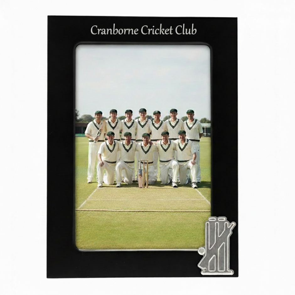 Personalised Cricket Photo Frame With Bat & Stumps Motif