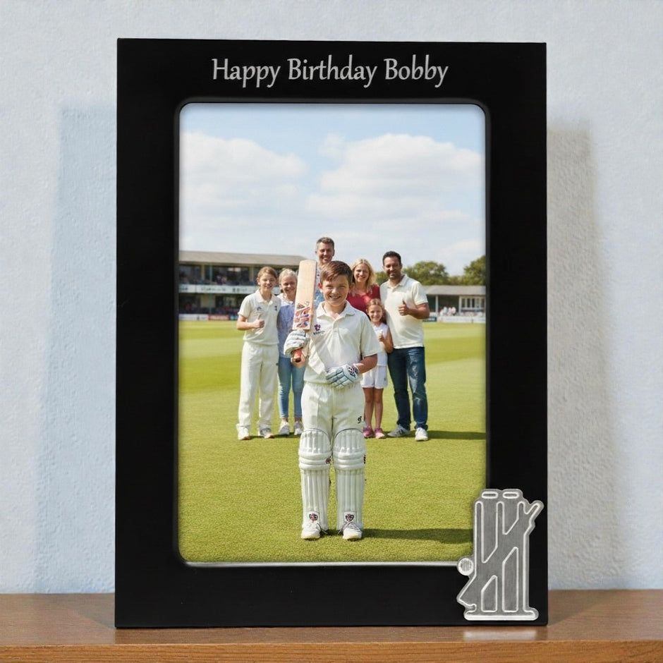 Personalised Cricket Photo Frame With Bat & Stumps Motif
