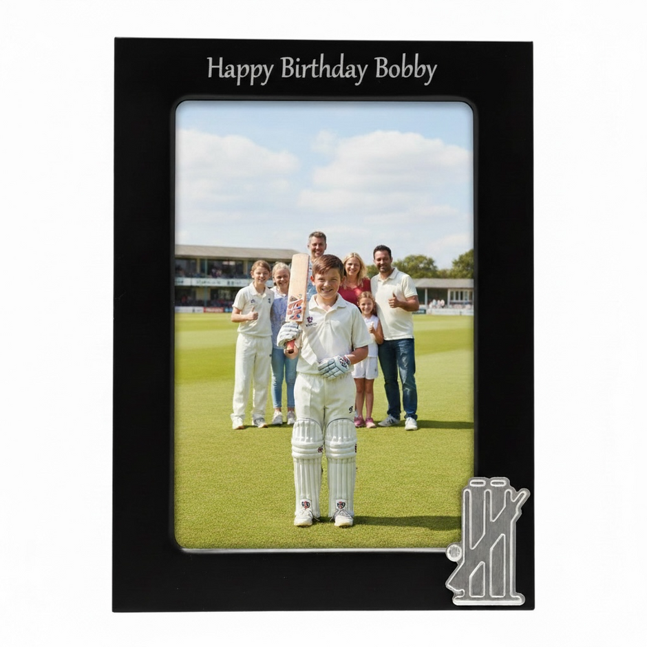 Personalised Cricket Photo Frame With Bat & Stumps Motif