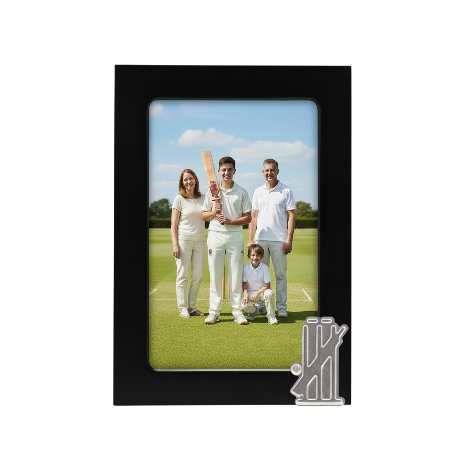 Personalised Cricket Photo Frame With Bat & Stumps Motif