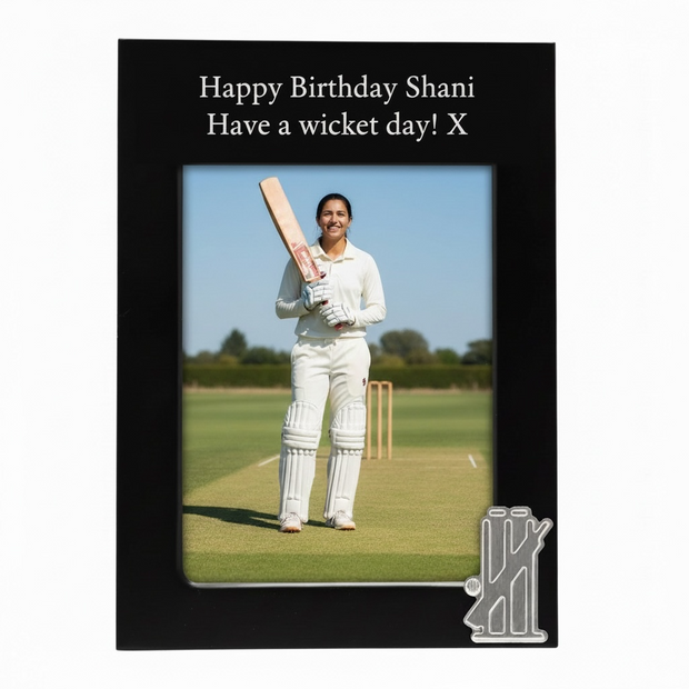 Personalised Cricket Photo Frame With Bat & Stumps Motif