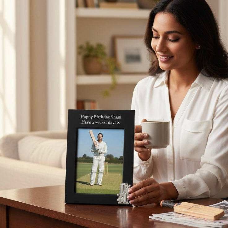 Personalised Cricket Photo Frame With Bat & Stumps Motif