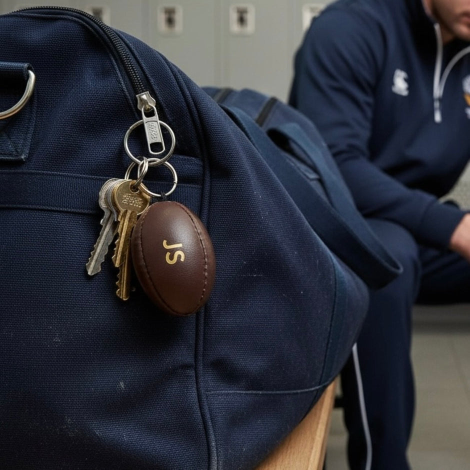 Personalised Brown Vintage Leather Rugby Ball Keyring