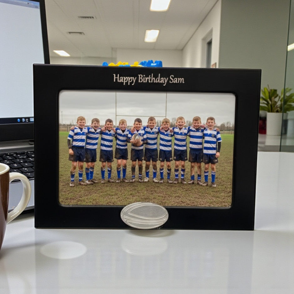 Personalised Rugby Photo Frame With Rugby Ball Motif