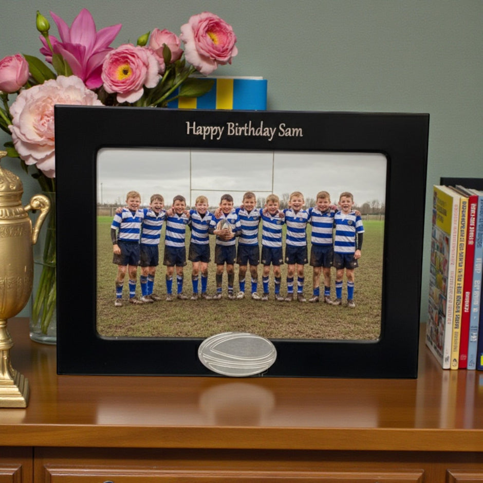 Personalised Rugby Photo Frame With Rugby Ball Motif