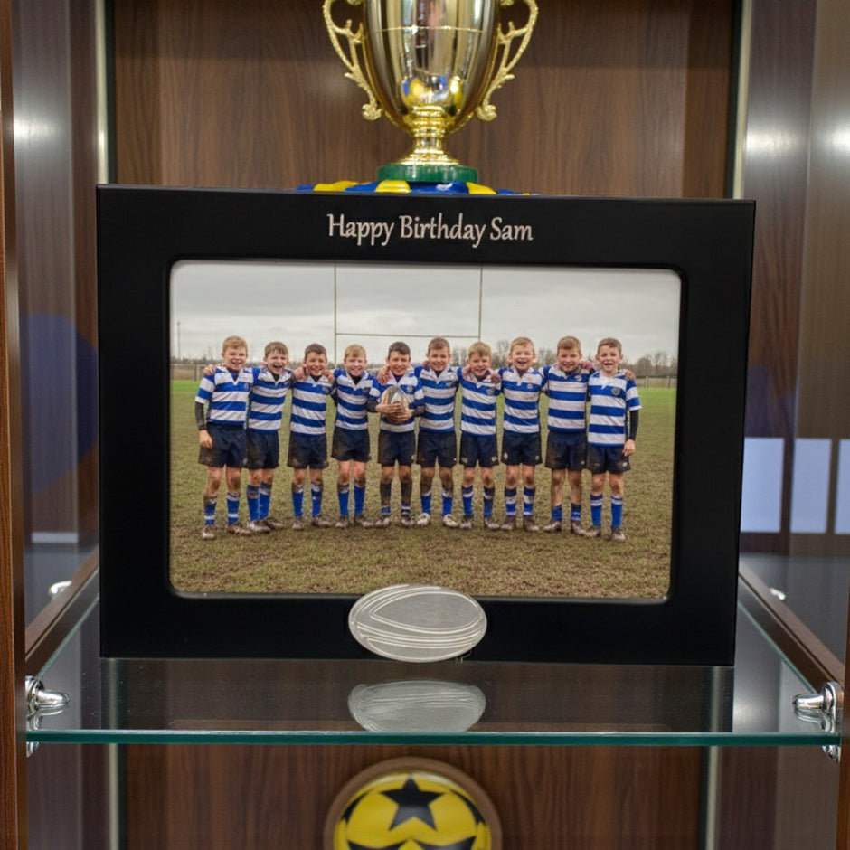 Personalised Rugby Photo Frame With Rugby Ball Motif