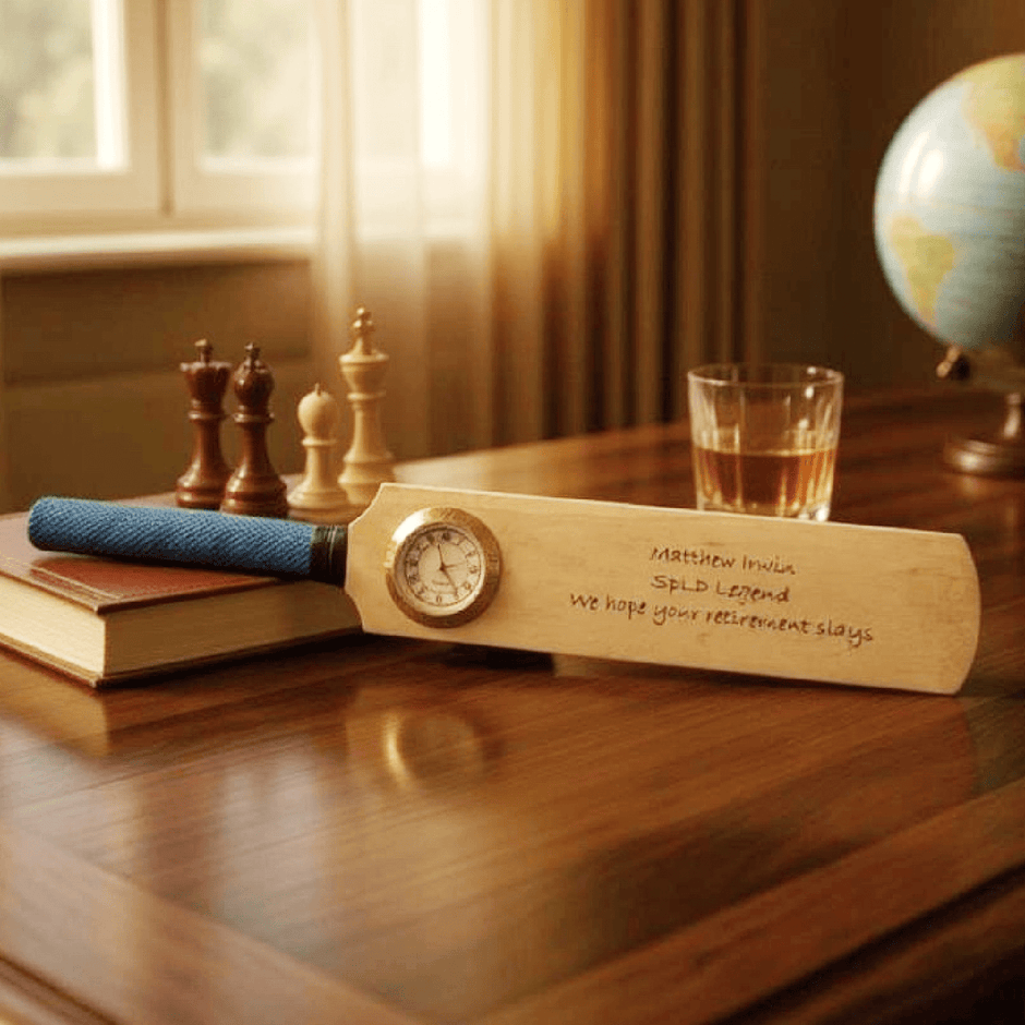 Personalised Mini Cricket Bat With Clock With Free Display Stand