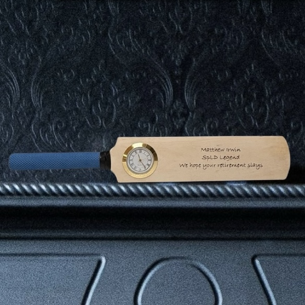 Personalised Mini Cricket Bat With Clock With Free Display Stand