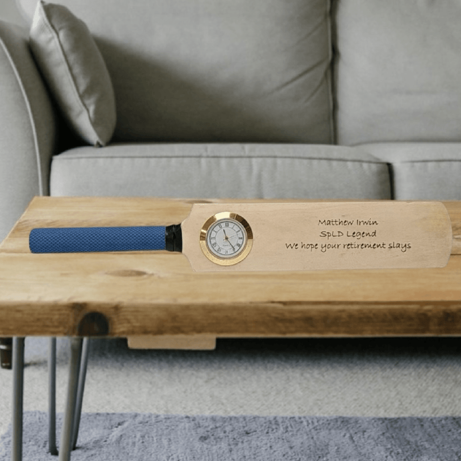 Personalised Mini Cricket Bat With Clock With Free Display Stand