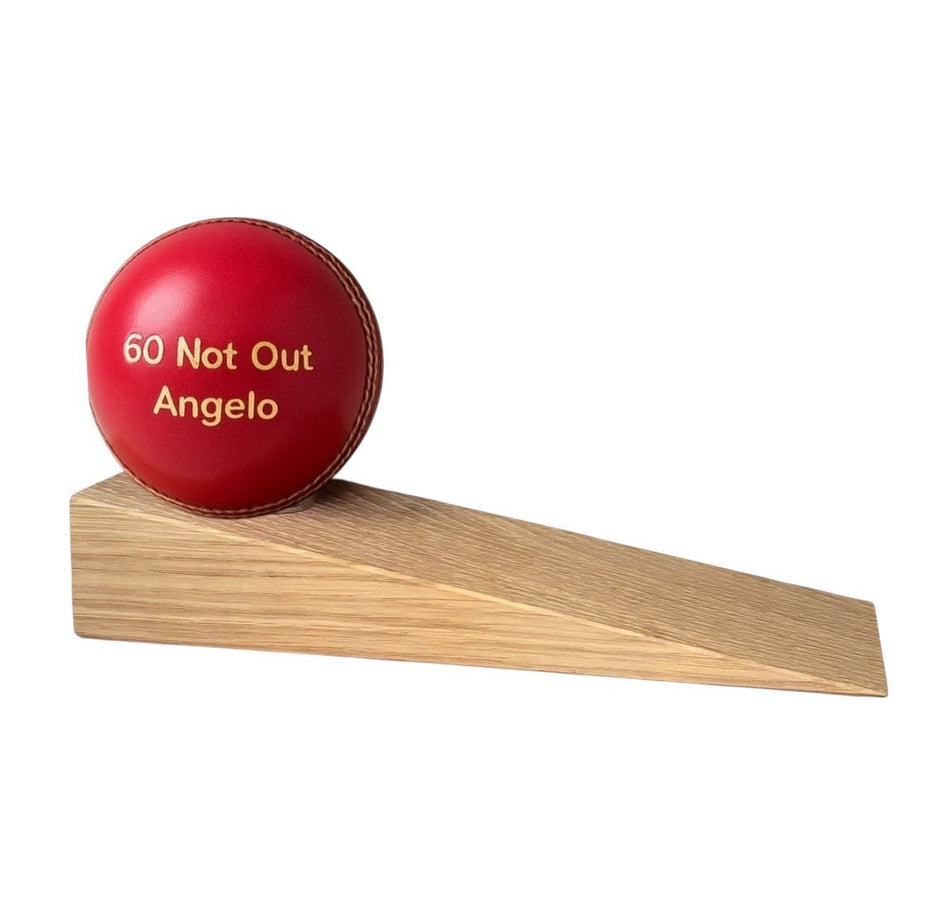 Personalised Cricket Ball Doorstop – Handmade in Oak