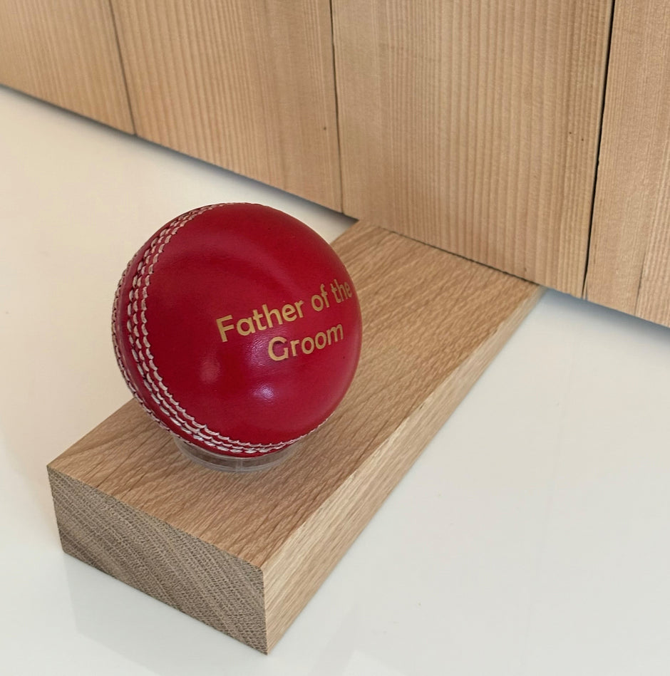 Personalised Cricket Ball Doorstop – Handmade in Oak