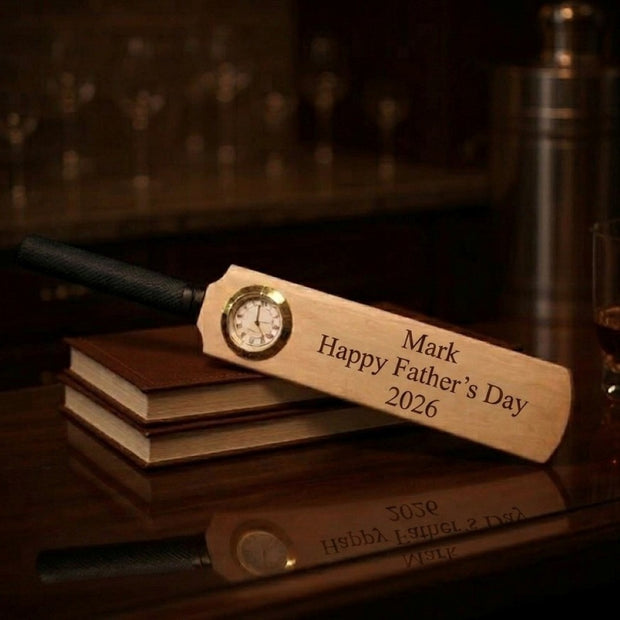 Personalised Mini Cricket Bat With Clock With Free Display Stand